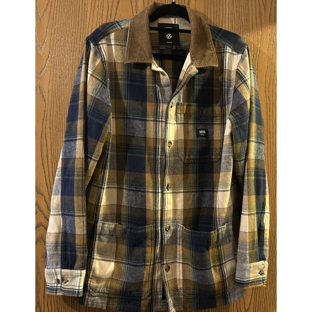 Vans Shirt Medium Blue Corduroy Plaid Skater Long Sleeve Embroidered Logo Thick